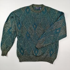 Mnyowgnty Vintage Knit Sweater | Retro Geometric | Teal Green Grey | Size XL